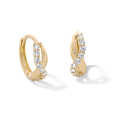 Cubic Zirconia Twisted Huggie Hoop Earrings in 14K Gold
