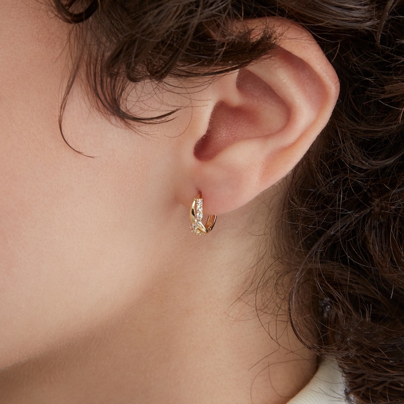 Cubic Zirconia Twisted Huggie Hoop Earrings in 14K Gold