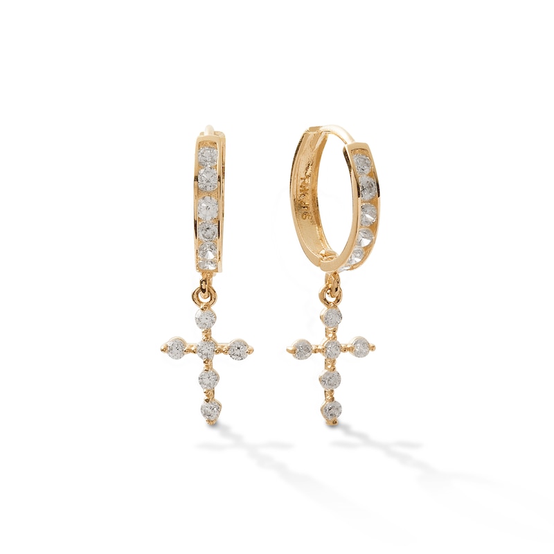 Cubic Zirconia Cross Dangle Huggie Hoop Earrings in 14K Gold