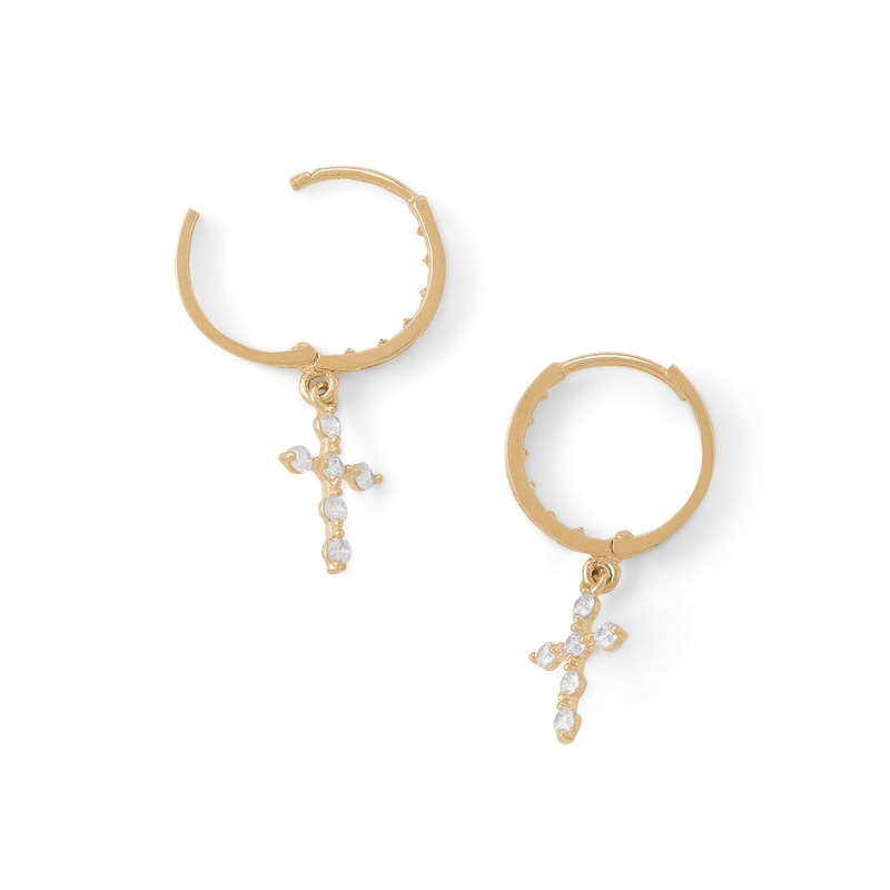 Cubic Zirconia Cross Dangle Huggie Hoop Earrings in 14K Solid Gold