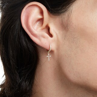 Cubic Zirconia Cross Dangle Huggie Hoop Earrings in 14K Solid Gold