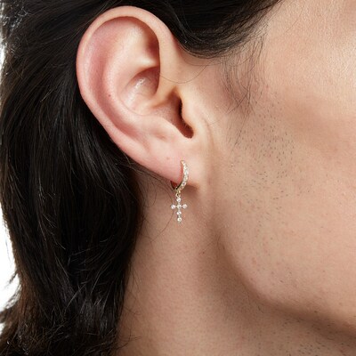 Cubic Zirconia Cross Dangle Huggie Hoop Earrings in 14K Solid Gold