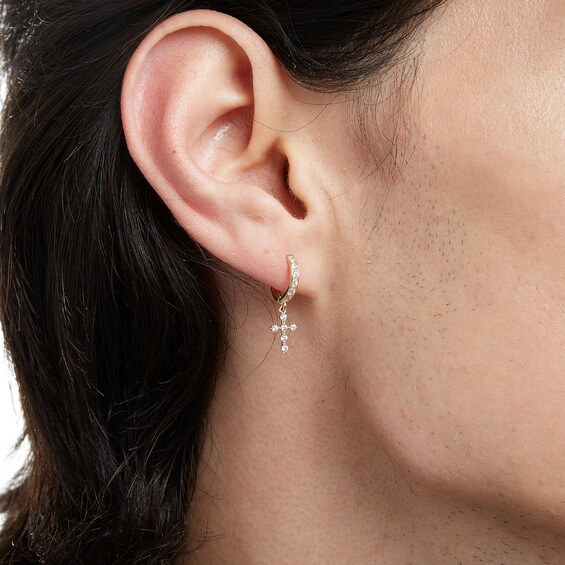 Cubic Zirconia Cross Dangle Huggie Hoop Earrings in 14K Solid Gold