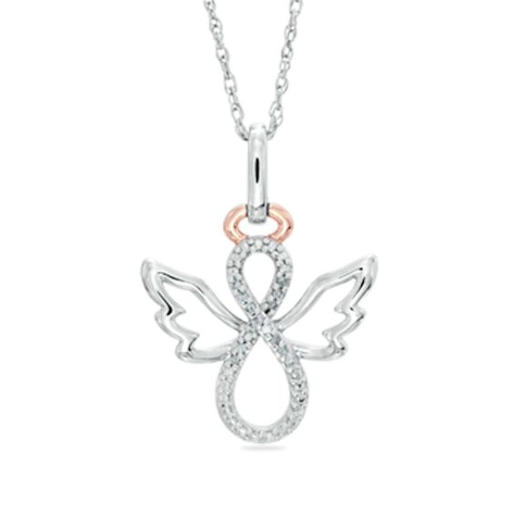 Diamond Accent Angel with Wings Pendant in Sterling Silver and 14K Rose Gold Plate