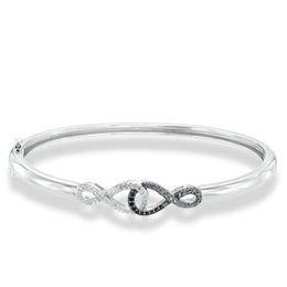 Enhanced Black and White Diamond Accent Double Infinity Bangle in Sterling Silver