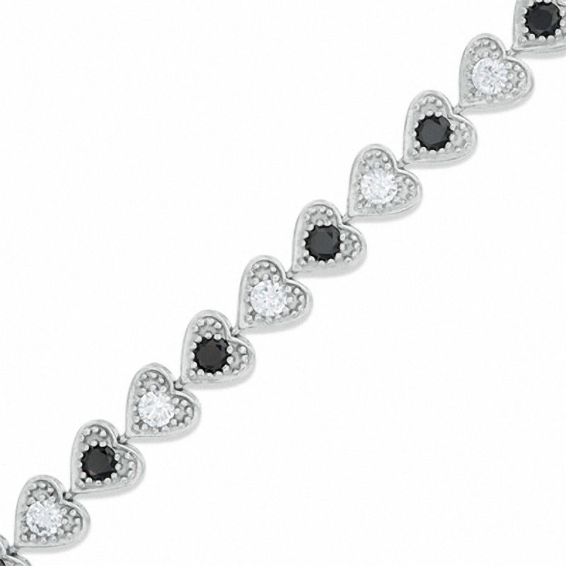 Main Image 1 of Black and White Cubic Zirconia Alternating Heart Link Bracelet in Sterling Silver - 7.25&quot;