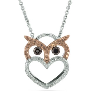 Enhanced Black, Champagne and White Diamond Accent Beaded Owl Heart Pendant in Sterling Silver