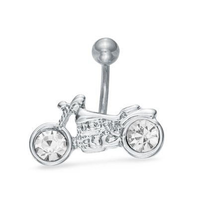 014 Gauge Crystal Motorcycle Belly Button Ring in Stainless Steel