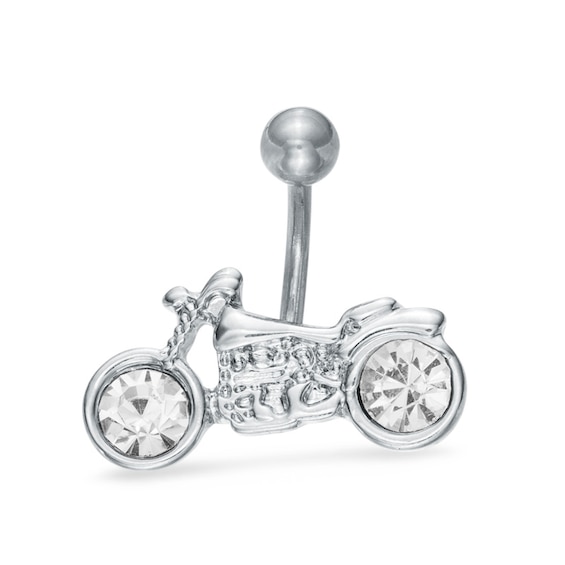 014 Gauge Crystal Motorcycle Belly Button Ring in Stainless Steel