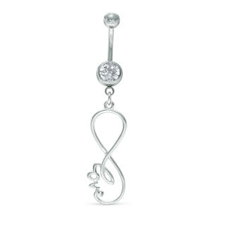 014 Gauge Crystal Infinity with "love" Dangle Belly Button Ring in Stainless Steel