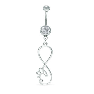 014 Gauge Crystal Infinity with "love" Dangle Belly Button Ring in Stainless Steel