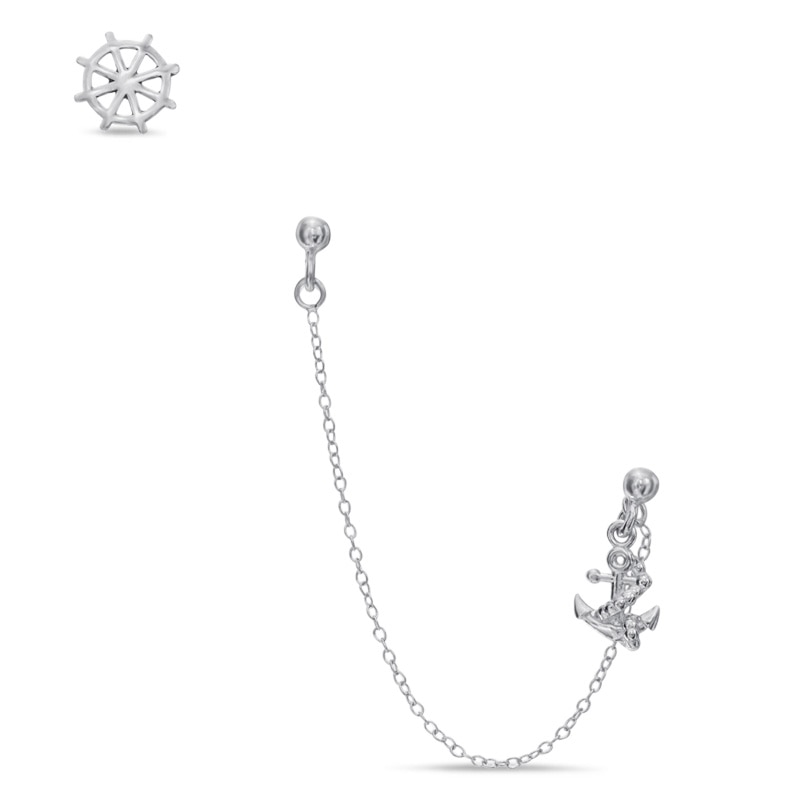 Double Stud Chain Earring with Anchor Charm and Ship Wheel Stud Earring in Sterling Silver