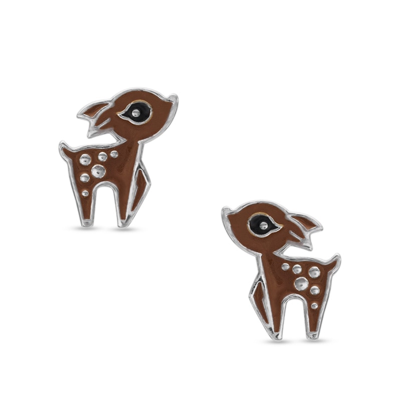 Child's Brown Enamel Fawn Stud Earrings in Sterling Silver