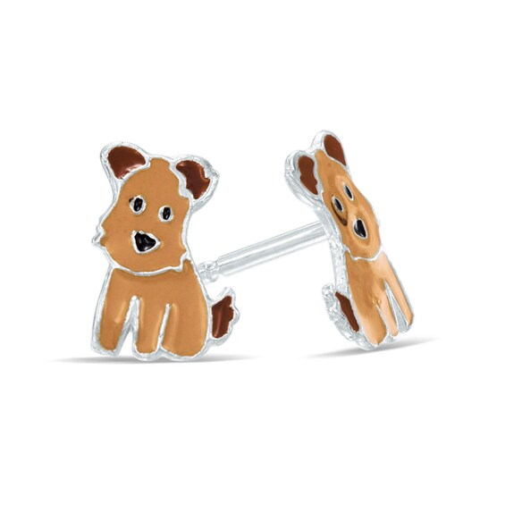 Child's Brown Enamel Dog Stud Earrings in Sterling Silver