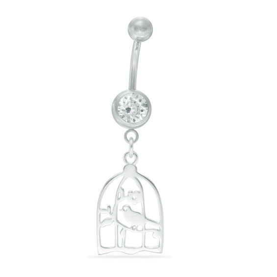 014 Gauge Crystal Bird Cage Dangle Belly Button Ring in Stainless Steel