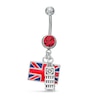 Thumbnail Image 1 of 014 Gauge British Flag and Big Ben Dangle Belly Button Ring with Red Crystal in Stainless Steel