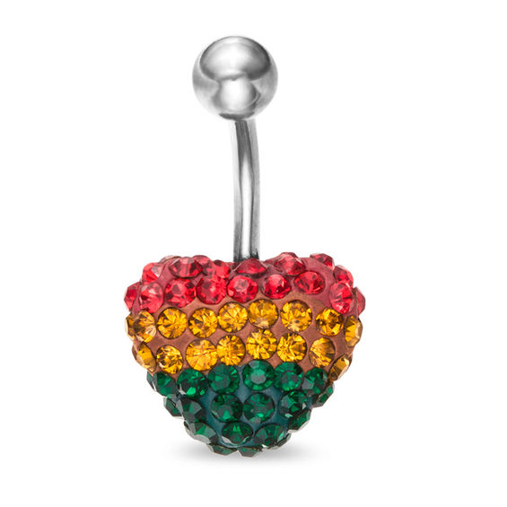 014 Gauge Red, Green and Yellow Crystal Stripe Heart Belly Button Ring in Stainless Steel