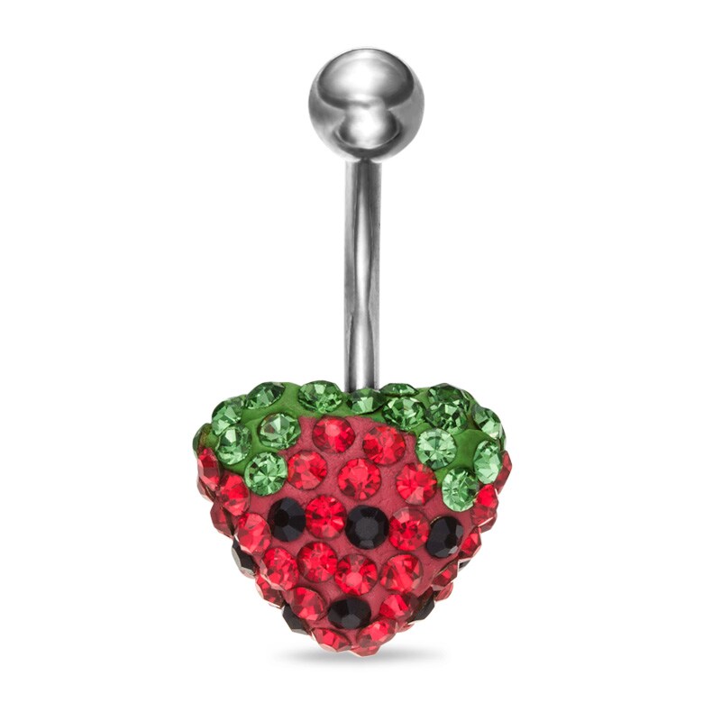 014 Gauge Crystal Heart-Shaped Strawberry Belly Button Ring in Stainless Steel