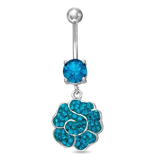 014 Gauge Teal Crystal Flower Dangle Belly Button Ring in Stainless Steel