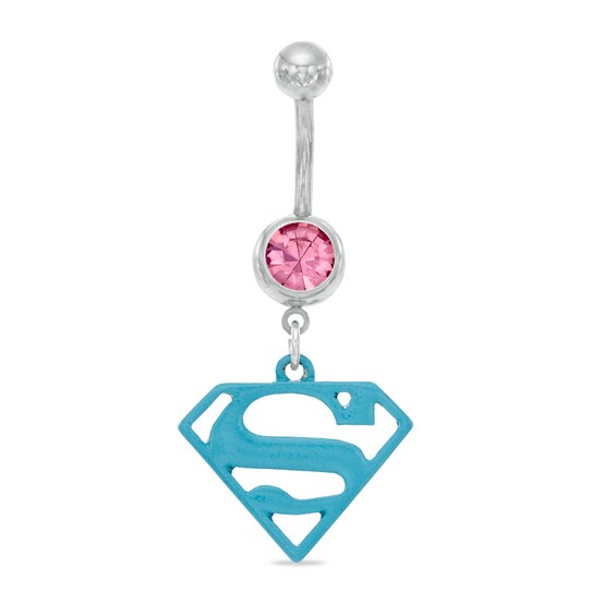 014 Gauge Blue Supergirl Logo Dangle Belly Button Ring with Pink Crystal in Stainless Steel