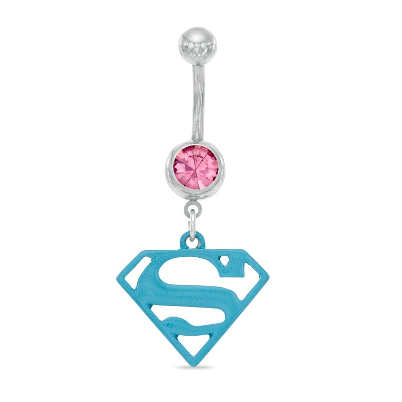 014 Gauge Blue Supergirl Logo Dangle Belly Button Ring with Pink Crystal in Stainless Steel