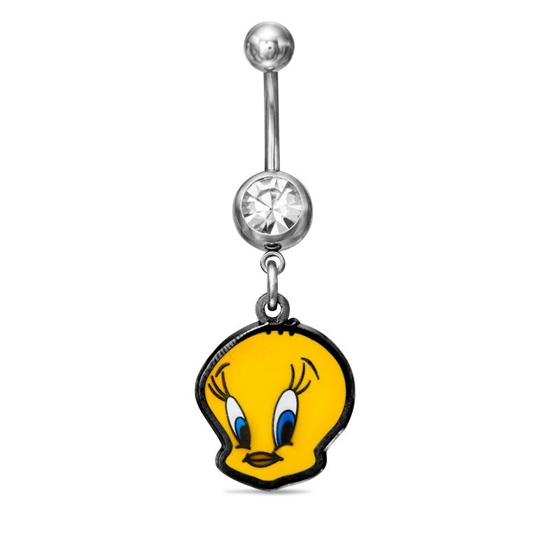 Main Image 1 of 014 Gauge Crystal Tweety Dangle Belly Button Ring in Stainless Steel