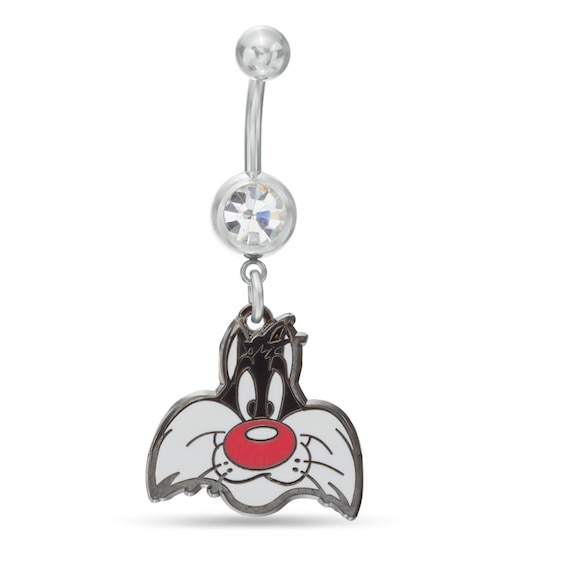014 Gauge Sylvester the Cat Dangle Belly Button Ring with Crystal in Stainless Steel