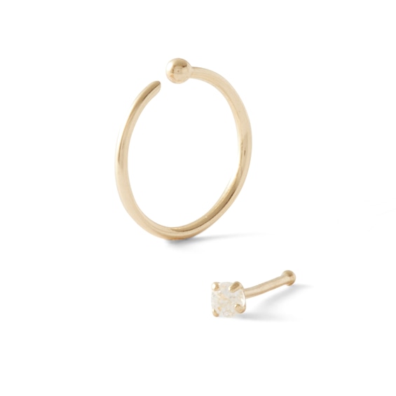 14K Solid Gold CZ Nose Stud and Hoop Set - 20G 5/16"