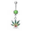 014 Gauge Green Cubic Zirconia Leaf Dangle Belly Button Ring in Stainless Steel