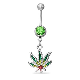014 Gauge Green Cubic Zirconia Leaf Dangle Belly Button Ring in Stainless Steel