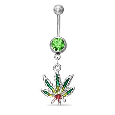 014 Gauge Green Cubic Zirconia Leaf Dangle Belly Button Ring in Stainless Steel