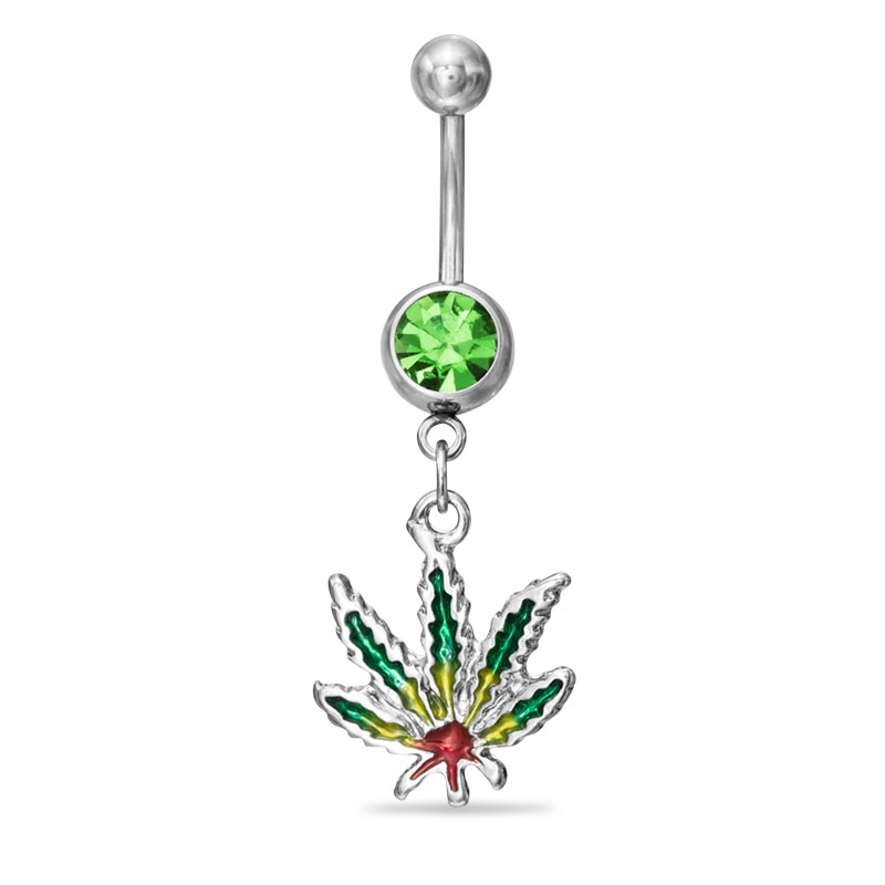014 Gauge Green Cubic Zirconia Leaf Dangle Belly Button Ring in Stainless Steel