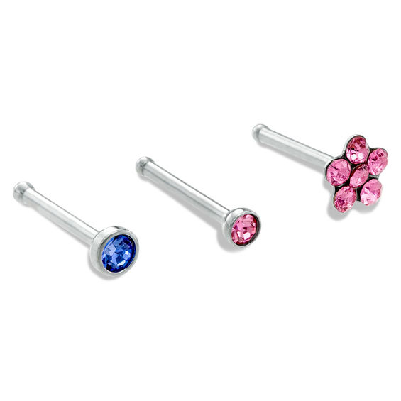 020 Gauge Pink Flower Crystal Nose Stud Set in Stainless Steel