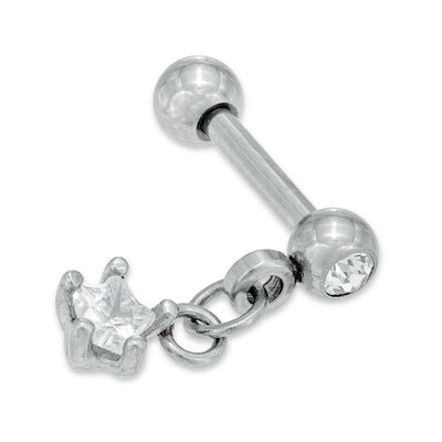 016 Gauge Star-Shaped Cubic Zirconia Dangle Cartilage Barbell in Stainless Steel with Crystal Accent