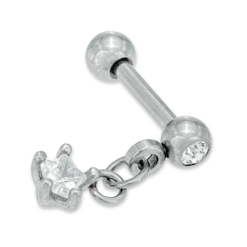 016 Gauge Star-Shaped Cubic Zirconia Dangle Cartilage Barbell in Stainless Steel with Crystal Accent