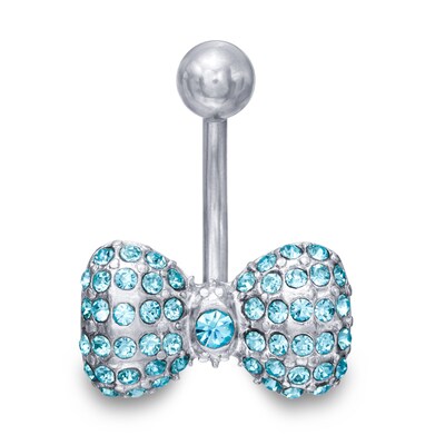 014 Gauge Blue Crystal Bow Belly Button Ring in Stainless Steel