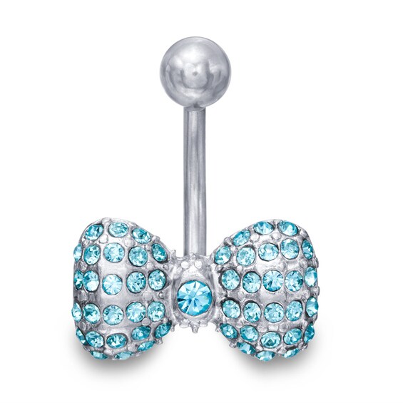 014 Gauge Blue Crystal Bow Belly Button Ring in Stainless Steel