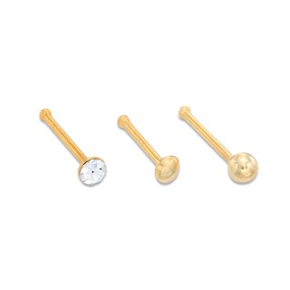 022 Gauge Crystal Nose Stud THree Piece Set in Sterling Silver with Yellow IP