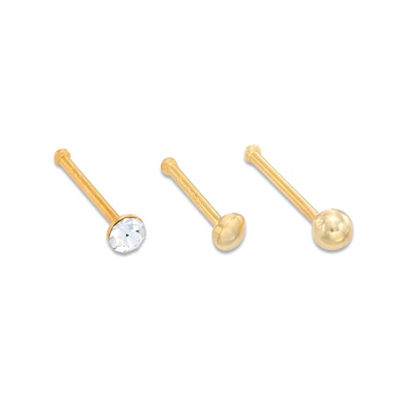 022 Gauge Crystal Nose Stud THree Piece Set in Sterling Silver with Yellow IP