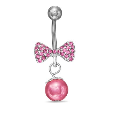 014 Gauge Pink Crystal Bow with Pink Ball Dangle Belly Button Ring in Stainless Steel