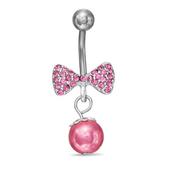014 Gauge Pink Crystal Bow with Pink Ball Dangle Belly Button Ring in Stainless Steel
