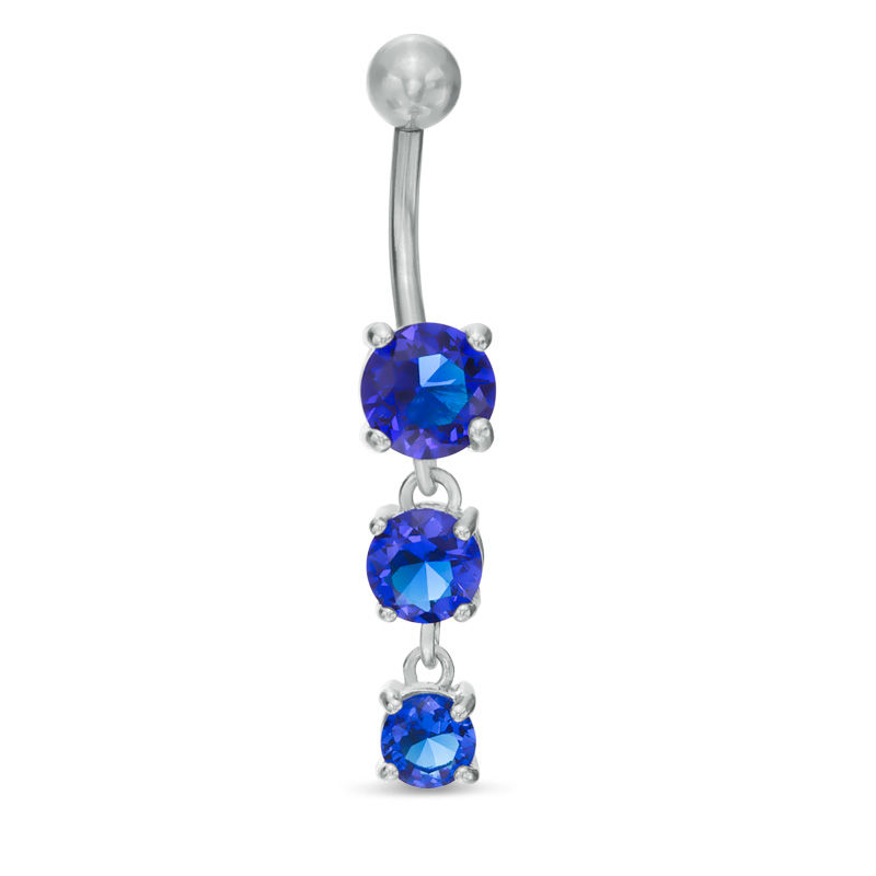 014 Gauge Blue Glass Three Stone Belly Button Ring in Stainless Steel