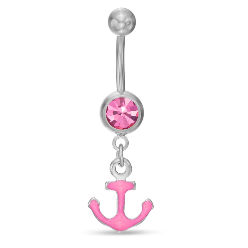 014 Gauge Pink Enamel Anchor Dangle Belly Button Ring with Pink Crystal in Stainless Steel