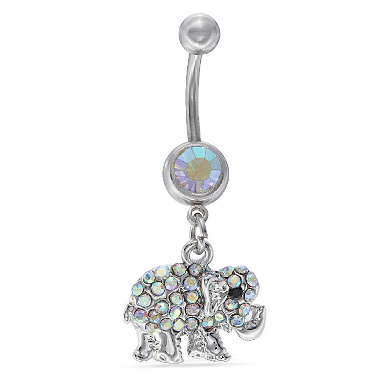 Main Image 1 of 014 Gauge Iridescent Crystal Elephant Dangle Belly Button Ring in Stainless Steel
