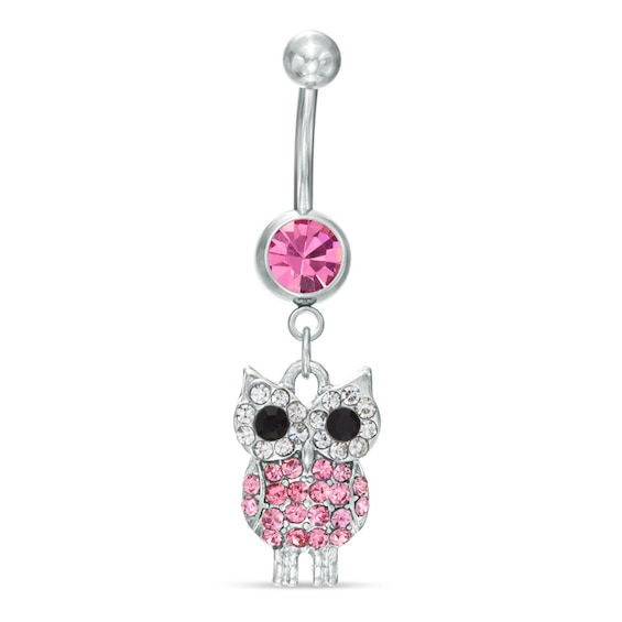 014 Gauge Pink Crystal Owl Dangle Belly Button Ring in Stainless Steel