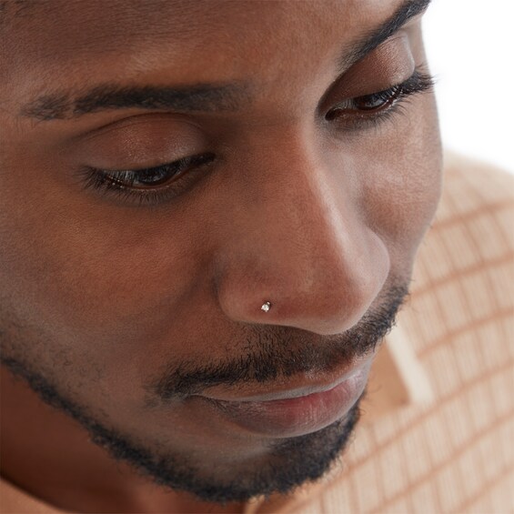 14K Semi-Solid White Gold Diamond Accent L-Shaped Nose Stud - 22G