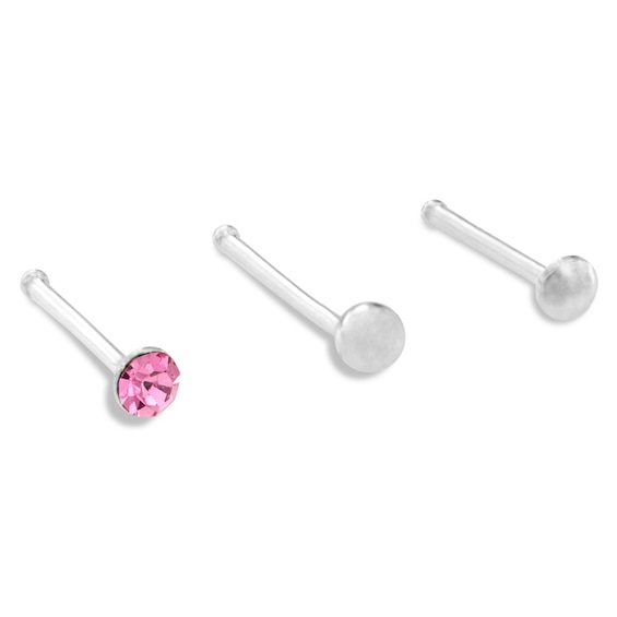 022 Gauge Pink Crystal Nose Stud Set in Sterling Silver