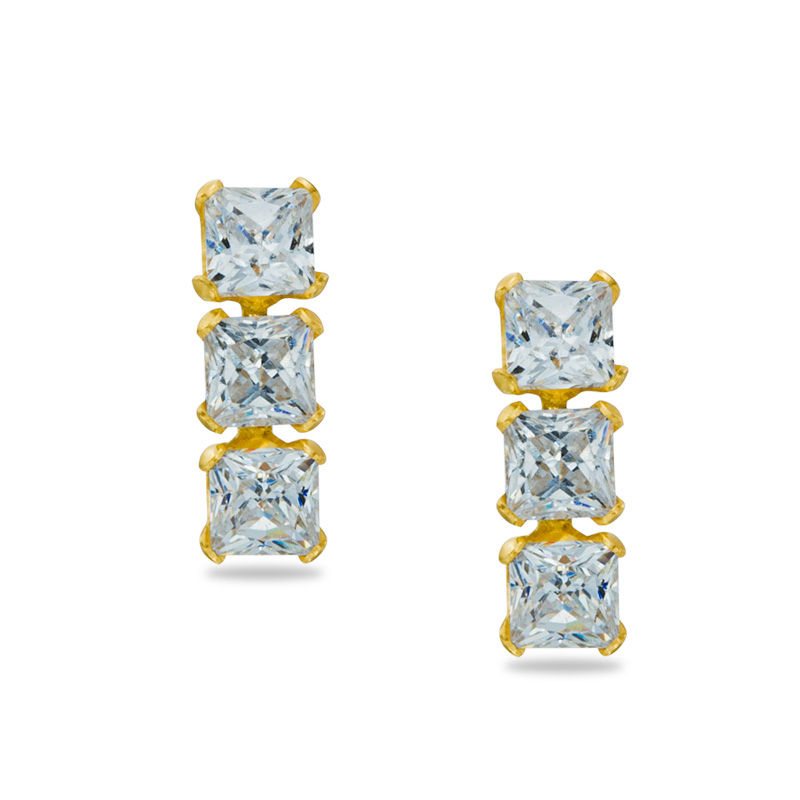 Child's Three Stone 2mm Square Cubic Zirconia Curved Drop Earrings in 14K Gold