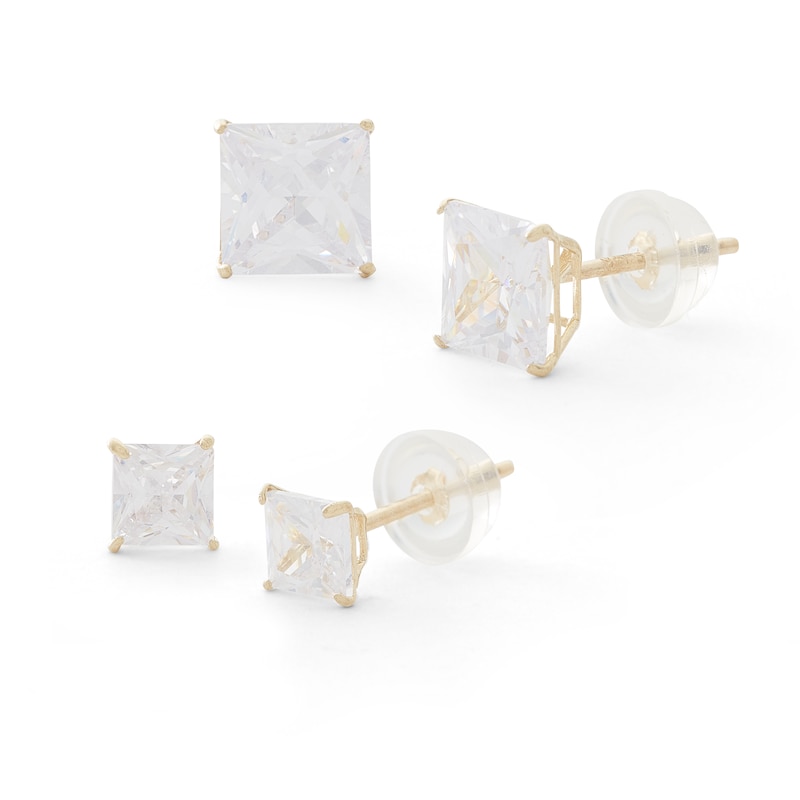 Princess-Cut Cubic Zirconia Solitaire Stud Earrings Set in 14K Semi-Solid Gold