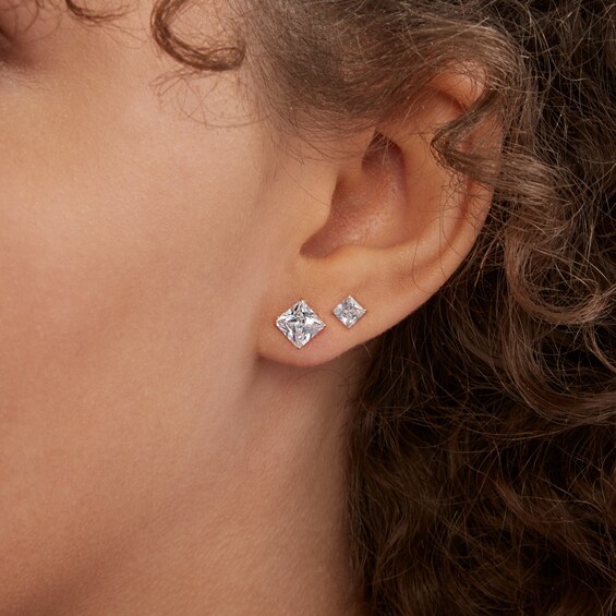 Princess-Cut Cubic Zirconia Solitaire Stud Earrings Set in 14K Semi-Solid Gold